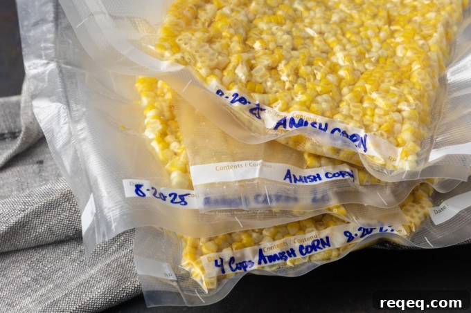 How to Freeze Sweet Corn for Peak Flavor and Freshness 7 sweet corn cut off of the cob in vacuum sealed bags