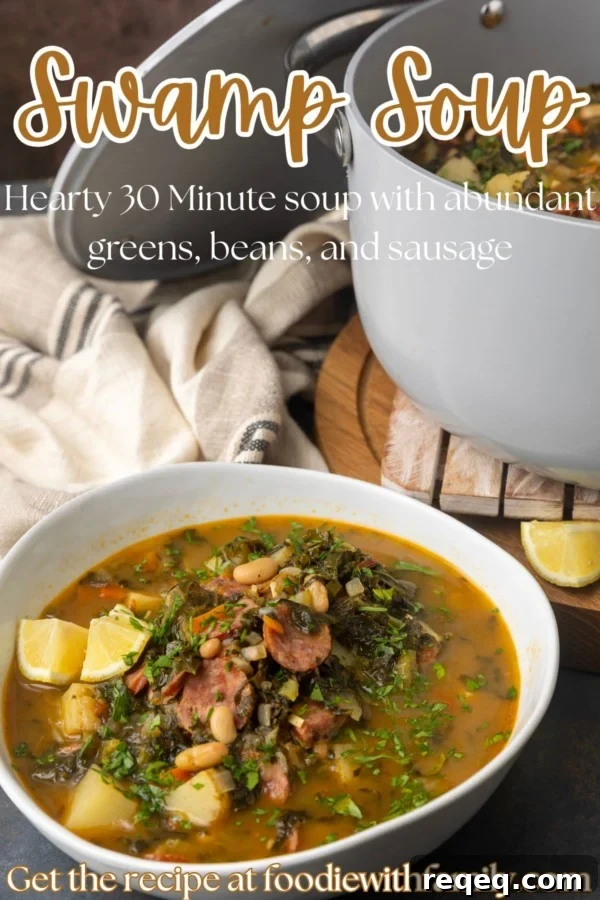 swamp soup in a bowl and in a dutch oven with lettering over the photo describing the contents.