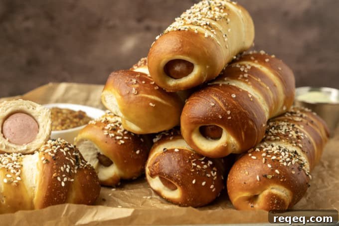 How to Make Pretzel Dogs at Home: Soft, Chewy Snack Recipe 2 pretzel dogs on parchment paper on a pan with a variety of dipsa