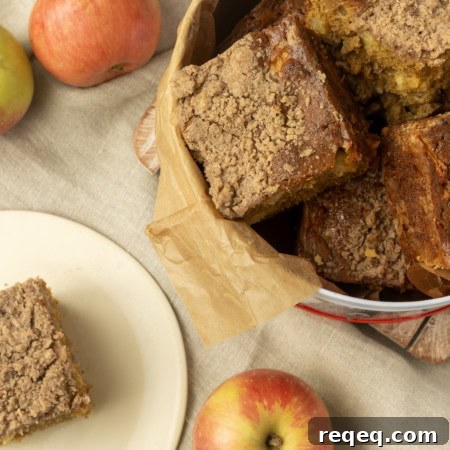 apple coffee cake in a tin and on a plate