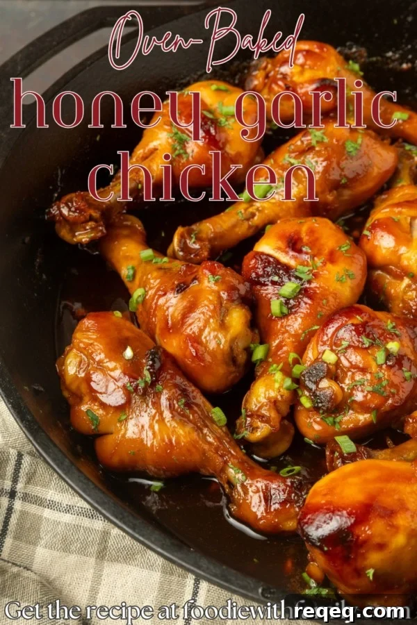 baked honey garlic chicken in a cast-iron pan