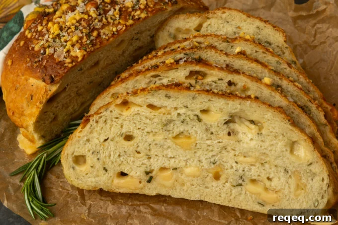 Rosemary Parmesan Artisan Bread Recipe for Crispy Crust and Flavor 2 partially sliced one hour rosemary parmesan bread on parchment paper