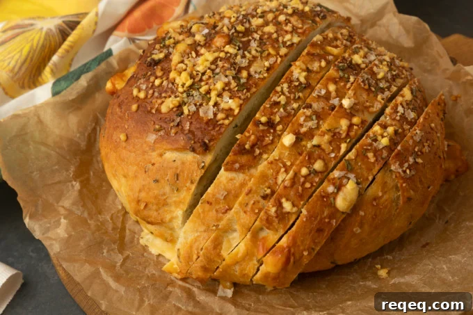 Rosemary Parmesan Artisan Bread Recipe for Crispy Crust and Flavor 3 partially sliced one hour rosemary parmesan bread on parchment paper