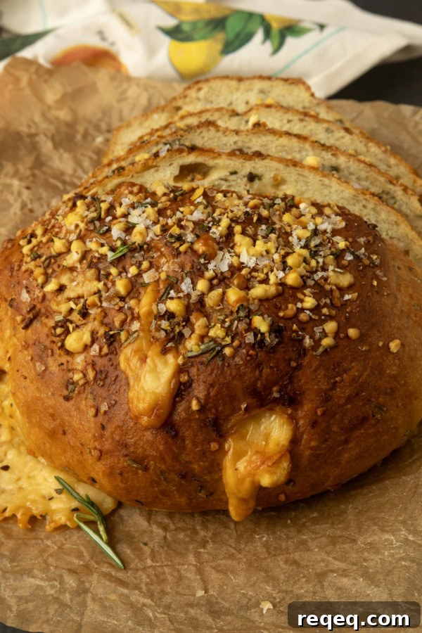 Rosemary Parmesan Artisan Bread Recipe for Crispy Crust and Flavor 7 partially sliced rosemary Parmesan bread on parchment with a tea towel