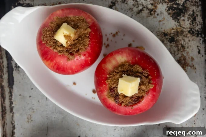 apples stuffed with brown sugar, butter, and dried cranberries in ramekins