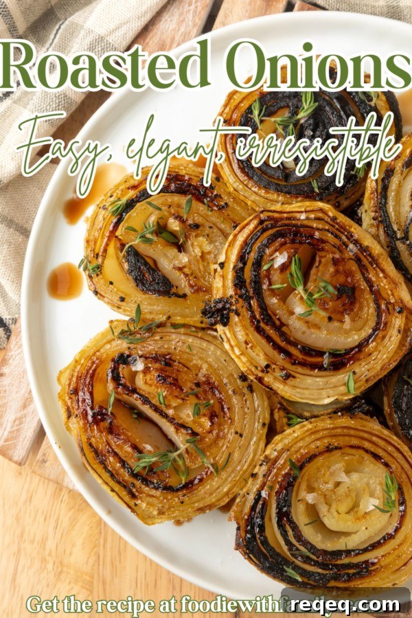 Crispy Oven-Roasted Onions with Garlic and Herbs 9 baked onions on a plate with text overlay describing the photo