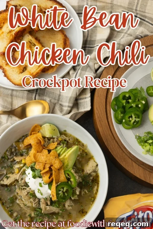 Slow-Cooker White Bean Chicken Chili Recipe for Comforting Weeknight Meals 9 white bean chicken chili in a bowl with avocados, jalapenos, sour cream, cilantro, fritos, and lime wedges with text overlay describing the photo