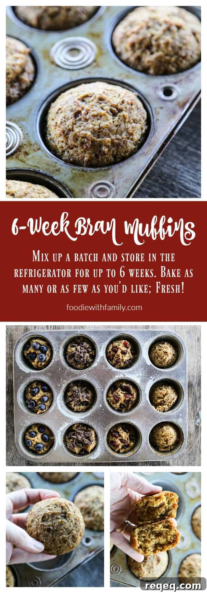 6-Week Bran Muffin Meal Plan and Recipe Guide 6 6-week Bran Muffins. Mix up this simple bran muffin batter and store it in your refrigerator for up to 6 weeks, baking as few or as many muffins as you'd like fresh when you want them! Bake plain or add in blueberries, dried fruits, or chocolate!