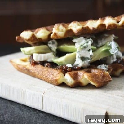 Bacon jam, avocado and Gorgonzola waffle sandwich