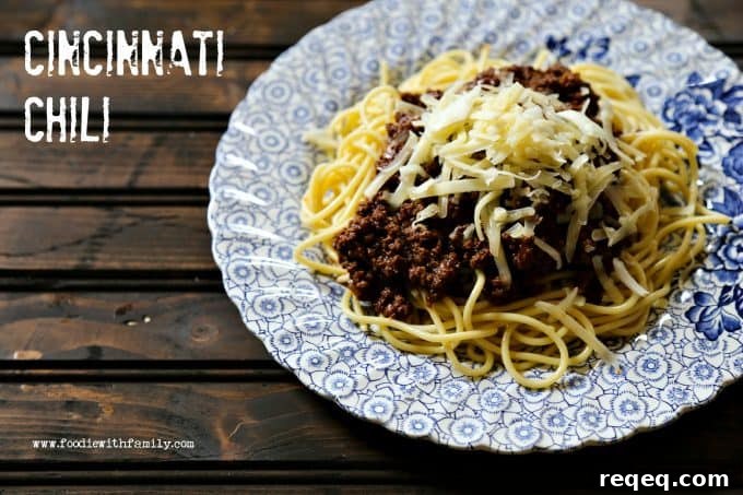 Cincinnati Chili with spaghetti and cheese from foodiewithfamily.com