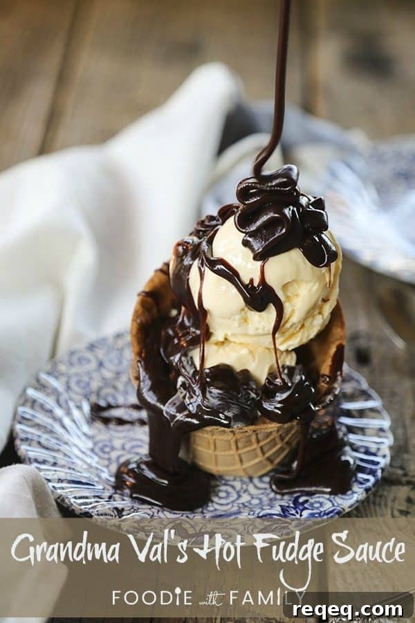 Grandma Val’s Classic Hot Fudge Sauce Recipe 6 Grandma Val's Hot Fudge Sauce: caramel like ribbons of deep, rich, chocolatey fudge for the ultimate ice cream indulgence!