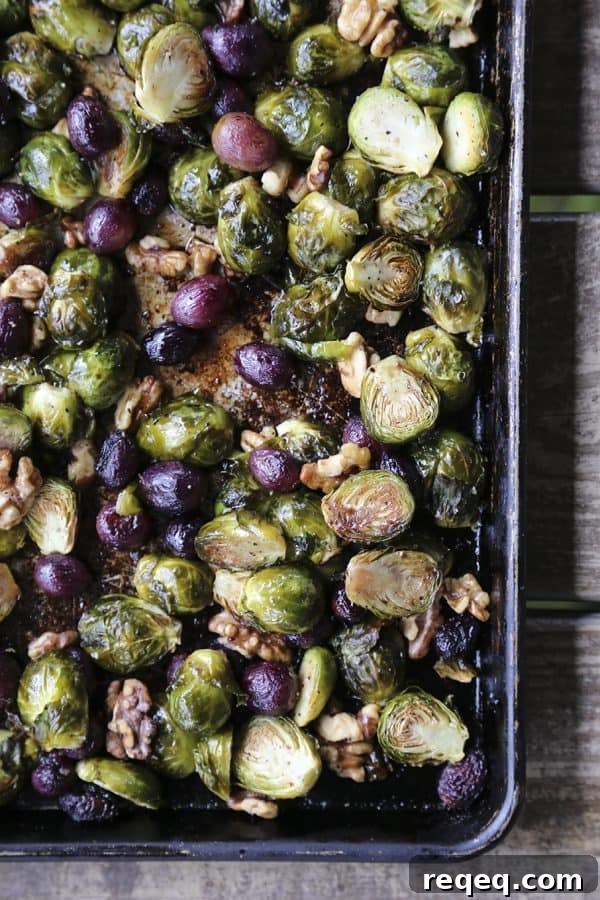 Roasted Brussels Sprouts with Grapes, Walnuts & Balsamic Glaze 3 Roasted Brussels Sprouts with Grapes and Walnuts from foodiewithfamily.com