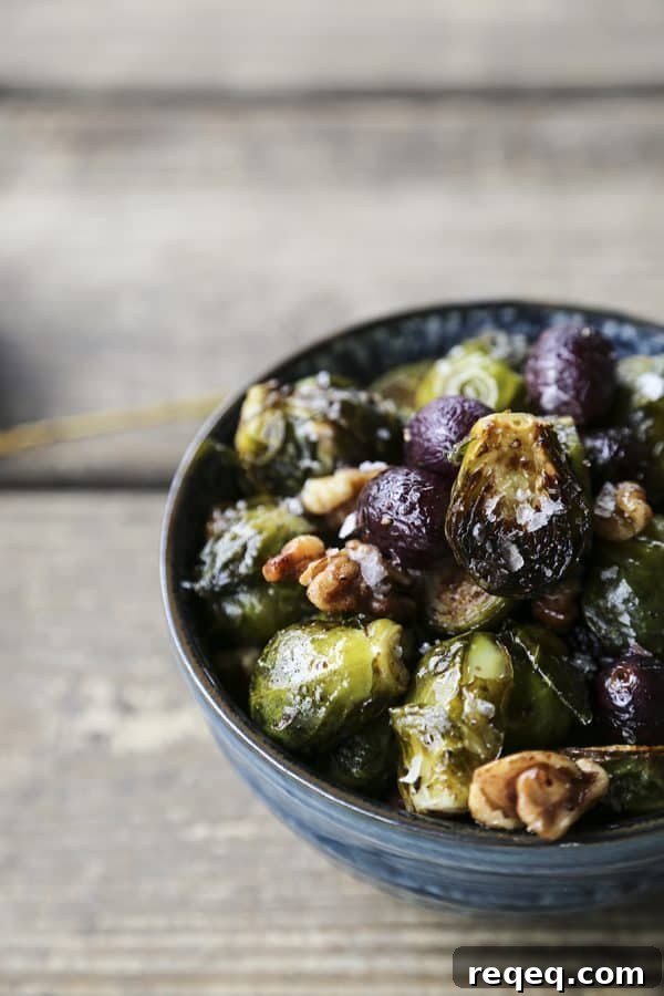 Roasted Brussels Sprouts with Grapes, Walnuts & Balsamic Glaze 4 Roasted Brussels Sprouts with Grapes and Walnuts from foodiewithfamily.com
