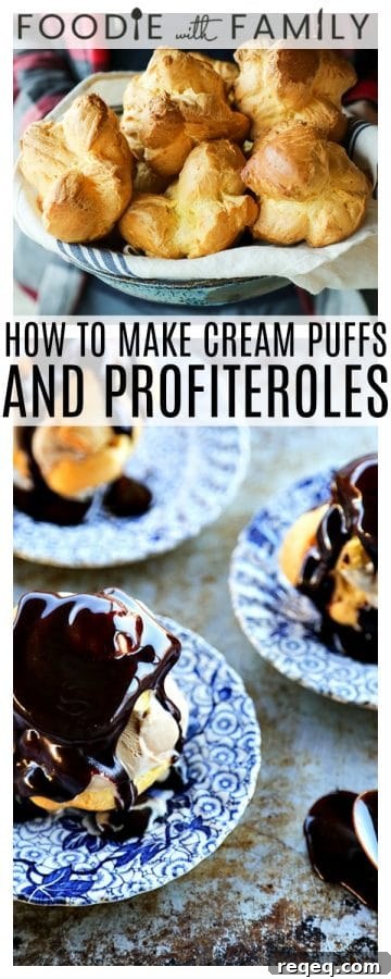 Classic French Profiteroles Recipe: Cream-Filled Choux Pastry Dessert 11 Homemade Cream Puffs filled with ice cream and topped with hot fudge sauce for profiteroles, plus a bonus tip on how to freeze choux pastry ahead of time for almost instant cream puffs!
