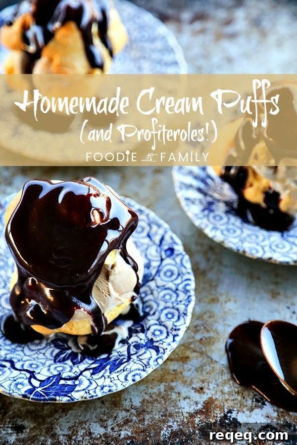Classic French Profiteroles Recipe: Cream-Filled Choux Pastry Dessert 12 Homemade Cream Puffs filled with ice cream and topped with hot fudge sauce for profiteroles, plus a bonus tip on how to freeze choux pastry ahead of time for almost instant cream puffs!